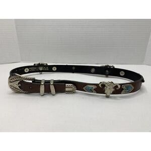 Woman's Leatherock Longhorn Cow Skull Turquoise Cabochon Leather Belt P131